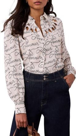 Mint Velvet Amour Print Bow Shirt in Cream at Nordstrom, Size X-Large