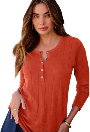 Roaman's Plus Size Drop Needle Henley Lightweight Sweater Knit in Copper Red at Nordstrom, Size Medium