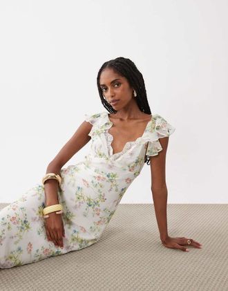 Asos Vestito midi blu navy a pois con scollo a cuore e maniche con volant-Multi
