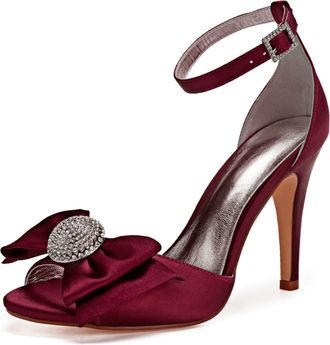 Generic Wedding Shoes Womens High Heels Satin Bridal Shoes Open Toe Stiletto Sandals Ankle Strap Prom Party Dress High Heel 10.5Cm,Burgundy,3 UK