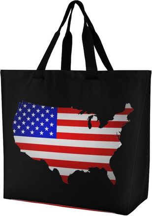 Generic U.S.A Map Flag Reusable Shopping Bags One Shoulder Grocery Tote Bag Waterproof Big Purse for Work Travel
