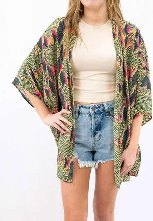 Adrienne Snake Print Neon Kimono In Green