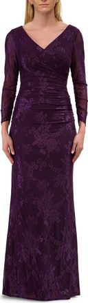 La Femme Chic Stretch Lace Evening Dress with Ruching and V Neckline in Eggplant at Nordstrom, Size 10