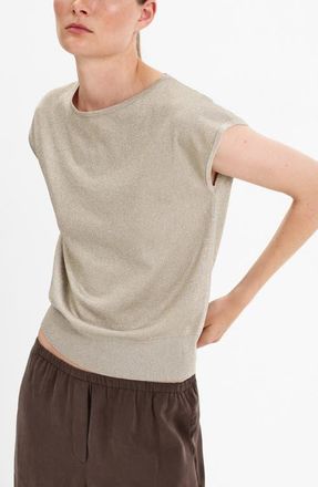 Mango Metallic Knit Boat Neck Top in Silver at Nordstrom, Size X-Small