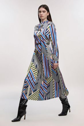 Karen Millen Womens Petite Geo Print Satin Wrap Neck Woven Maxi Dress - Multicolour - Size 10 UK