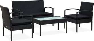 vidaXL Set De Muebles De Jard&iacute;n 4 Pzas Y Cojines Rat&aacute;n Sint&eacute;tico Negro Vidaxl