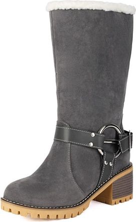 Generic Womens Buckel Strap Fold Over Snow Boots Comfort Chunky Heel Round Toe Pull On Warm Winter Shoes (7.5,Grey)