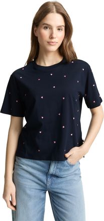 Tom Tailor Denim T-Shirt TOM TAILOR DENIM, Damen, Gr. XXL, navy pink heart embroidery, Jersey, Obermaterial: 100% Baumwolle, bedruckt, regular fit normal, Rundhals, ge