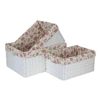 Red Hamper Set of 3 Paper Rope Storage Basket with Garden Rose Cotton Lining