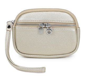 Generic Womens Small Wristlet Pouch, Dual Zipper Compartments, Silver Hardware, Small Clutch Bag with Strap (Gold)