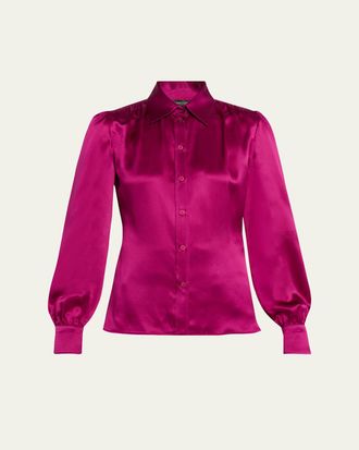 Balenciaga Puff-Sleeve Fitted Silk Blouse