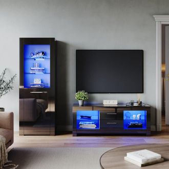 Elegant Lighting Modern High Gloss Living Room Set with rgb led Lights Display Cabinet Storage Unit + 1300mm tv Stand Cabinet Black Furniture Set 2 - Elegant