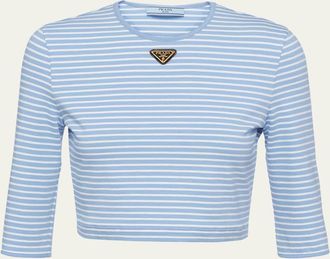 Prada Stripe Three-Quarter Sleeve Jersey Crop Shirt