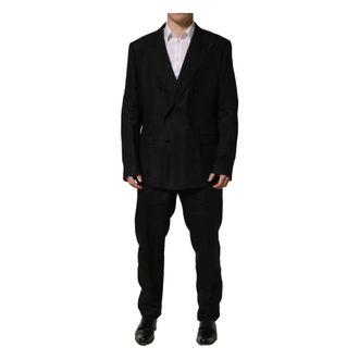 Dolce & Gabbana Linen Slim Fit Double-Breasted 2-Piece Suit - male - Dolce & Gabbana - Double Breasted Suits - Black - 4XL - Suits