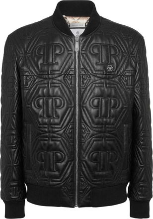 Philipp Plein Jassen, Heren, Zwart, XL, Leer, Embossed Leather Bomber Monogram