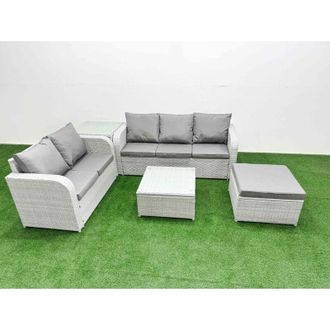 Fimous 6 Seater pe Rattan Wicker Garden Furniture Patio Conservatory Sofa Set with Square Coffee Table 3 Seater Sofa Love Sofa Big Footstool 2 Side Table