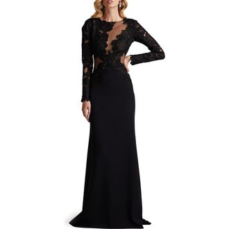 Tadashi Shoji Floral Embroidery Long Sleeve Gown in Black/Nude at Nordstrom, Size 2
