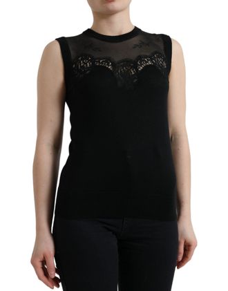 Dolce & Gabbana Womens Black Cashmere Lace Trim Sleeveless Tank Top