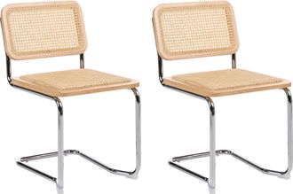 Beliani Conjunto De 2 Sillas De Comedor Cantilever Silla De Rat&aacute;n Respaldo Sin Reposabrazos Estructura De Metal Madera Clara Cordoba