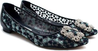 Manolo Blahnik Navy Lace Jewel Buckle Flat Pumps Size 38.5