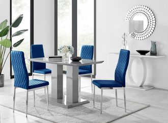 Furniturebox Imperia Grey High Gloss 4 Seater Dining Table with Structural 2 Plinth Column Legs 4 Soft Velvet Silver Leg Milan Chairs in Navy