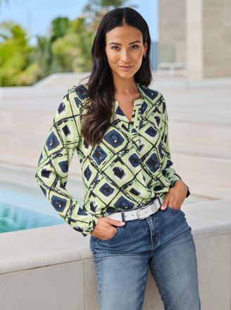 Heine Schlupfbluse HEINE, Damen, Gr. 34, dunkelblau, reseda, bedruckt, 100% Viskose, bedruckt, gemustert, mehrfarbig, V-Ausschnitt, Blusen Schlupfbluse