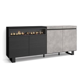 Skraut Home Aparadores Para Sal&oacute;n, Gran Capacidad De Almacenaje, 200x87x35cm, 4 Puertas, Chimenea El&eacute;ctrica, Dise&ntilde;o Industrial, Estilo Moderno, Gris Cemento - Skr