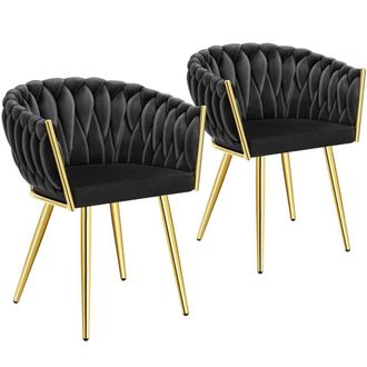 TecTake Dining Chair Astano - Padded, Velvet, Knot Design, Continuous Backrest in Black | Size: 2 Pack
