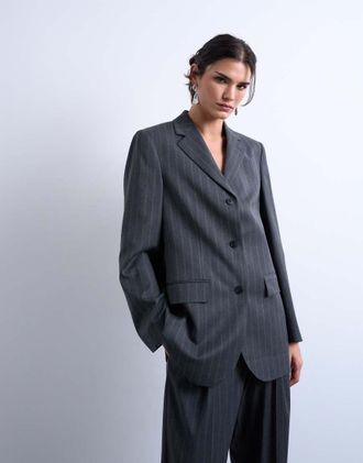 Topshop Blazer con 3 bottoni color antracite gessato taglio maschile in coordinato-Grigio