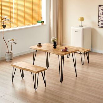 Kosy Koala Wooden Dining Table and 2 Benches Set With Metal Hairpin Legs for Dining Room, Work, or Study
