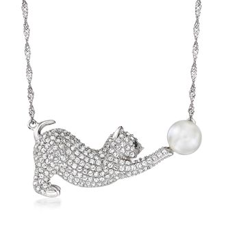 Ross-Simons 8mm Cultured Pearl and White Topaz Cat Necklace in Sterling Silver With Black Spinel Accent