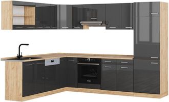 Vicco Cocina esquinera R-Line, Antracita brillo intenso/roble dorado eléctrico, 227 x 287 cm sin encimera