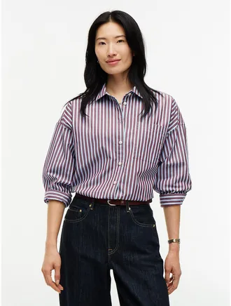 Tommy Hilfiger Womens Oversized Striped Poplin Pocket Shirt - Burgundy - XXS