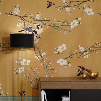 Superfresco Easy Birds & Blossom Ochre Print To Order 3m x 2.8m Mural in Yellow