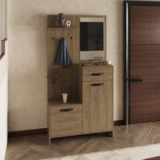 Parker 75 Tall Mirrored Tree Hall with Hangers, Three Shelves, Two Cabinets, One Drawer, Entry way, Console Table, Living Room Light Oak