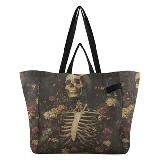 Generic Skull Roses Black pattern Reusable Canvas Tote Bag, Heavy Duty Grocery Shopping Bag with Double Handles Large Capacity Hard Bottom Work Groceries Trav