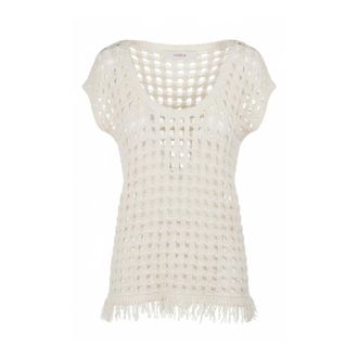 Jucca Round-neck Knitwear, female, Beige, Size: XS Gilet in maglia a rete con frange