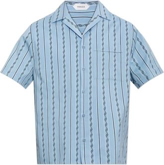 Versace Jacquard Katoen-Zijde Regular Shirt - Heren - Korte mouwen Overhemden - Blauw - S - Katoen - Overhemden