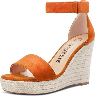 Castamere Women High Heel Wedge Platform Peep Open Toe Ankle Strap Sandals Wedding Party Dress 10 CM Heels Orange Suede 5 UK