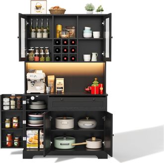 STILVORA Aparador De Cocina Alto Con 5 Puertas Y 1 Caj&oacute;n, Led Y Enchufes, Estantes Ajustables, En Mdf, 105x40x180 Cm, Negro
