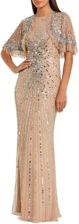Mac Duggal Beaded Mesh Fitted Capelet Gown in Nude Silver at Nordstrom, Size 10