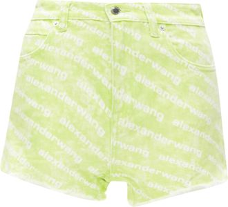 Alexander Wang Bite High Rise Green Logo Print Cut Off Denim Shorts 24