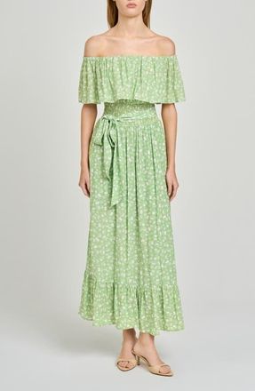 Wayf Indie Ditsy Floral Off the Shoulder Tiered Midi Dress in Pistachio Allover Floral at Nordstrom, Size X-Large