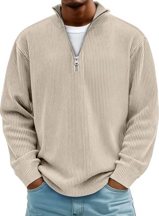 Generic Hoodie Men Mens Corduroy Jumpers Mock Neck Quarter Button Jumper Ribbed Regular Fit Sweatshirts Pullover Tops Long Sleeve Winter Sweaters with Pocket 