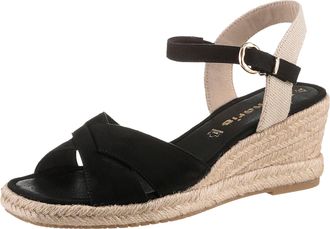 Tamaris Keilsandalette TAMARIS, Damen, Gr. 41, schwarz, Textil, Veloursleder, unifarben mit Farbeinsatz, Schuhe Keilsandalette, Riemchensandale, Sommerschuh m