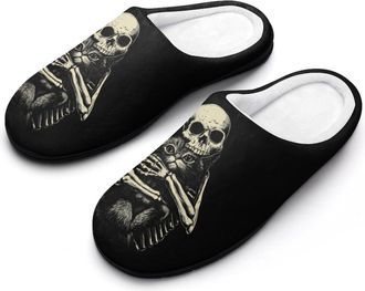 Generic Skeleton Hugging Cat Funny Mens Slippers Cotton Warm House Shoes Memory Foam Sandals Print Size 7-14