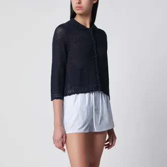 Dunst Navy blue openwork linen-blend cardigan