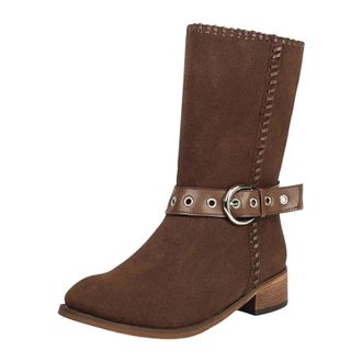 Generic Womens Casual Mid Calf Boots Round Toe Med Block Heel Slip On With Platform And Decorative Metal Buckles Daily Wear