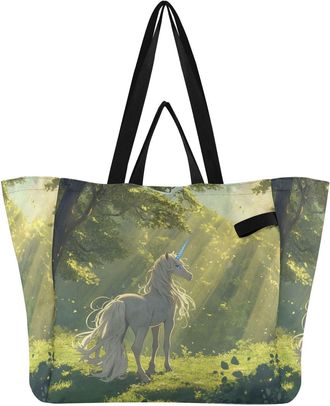Generic Unicorn Golden print Reusable Canvas Tote Bag, Heavy Duty Grocery Shopping Bag with Double Handles Hard Bottom Large Capacity Work Groceries Travel