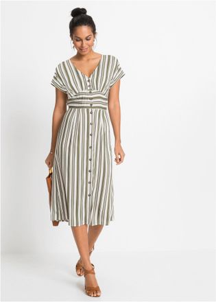 Bonprix Midikleid BONPRIX, Damen, Gr. 36, N-Gr, oliv, wei&szlig; gestreift, Obermaterial: 100% Viskose, ausgestellt, Kleider Midikleid, f&uuml;r warme Tage, aus Viskose,